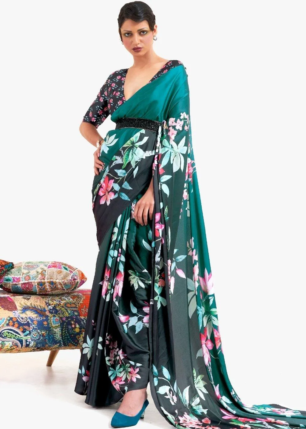 Teal Green Digital Printed Satin Crepe Saree | Stitched Blouse