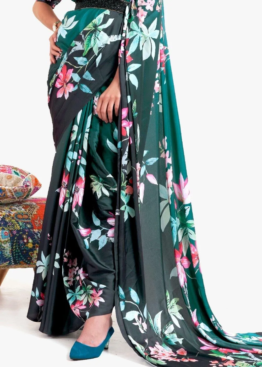 Teal Green Digital Printed Satin Crepe Saree | Stitched Blouse