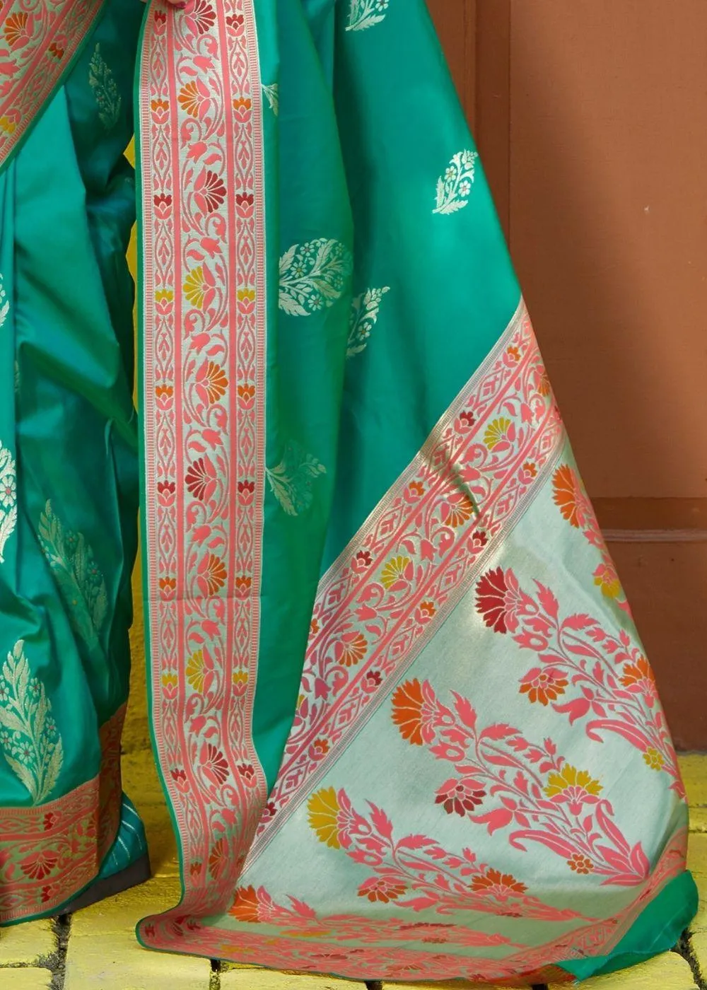 Teal Green Silk Saree with Floral Zari Border and Silver Buti Design | Stitched Blouse