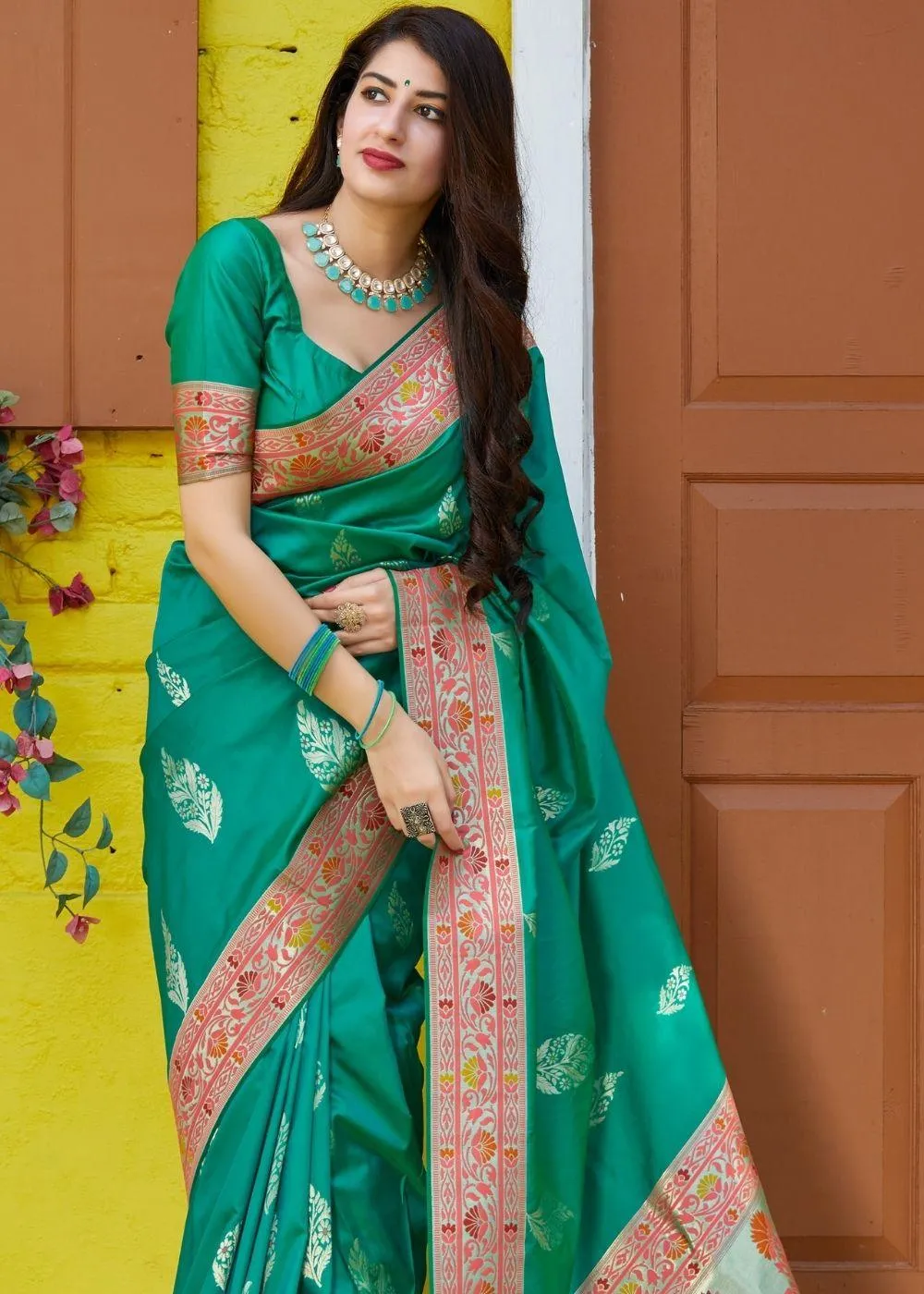 Teal Green Silk Saree with Floral Zari Border and Silver Buti Design | Stitched Blouse