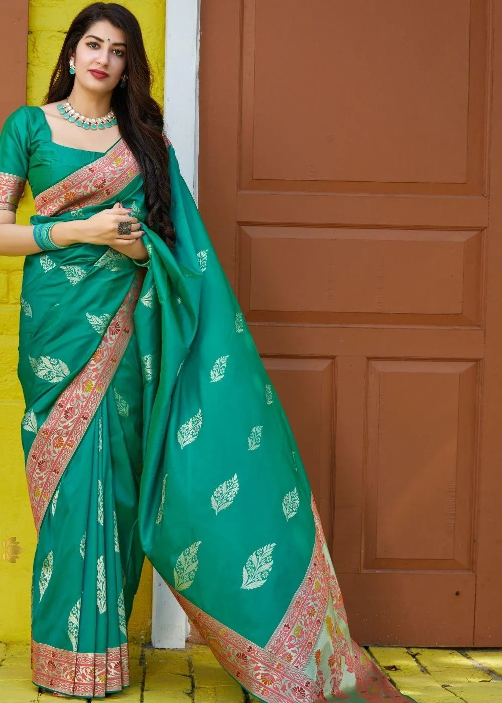 Teal Green Silk Saree with Floral Zari Border and Silver Buti Design | Stitched Blouse