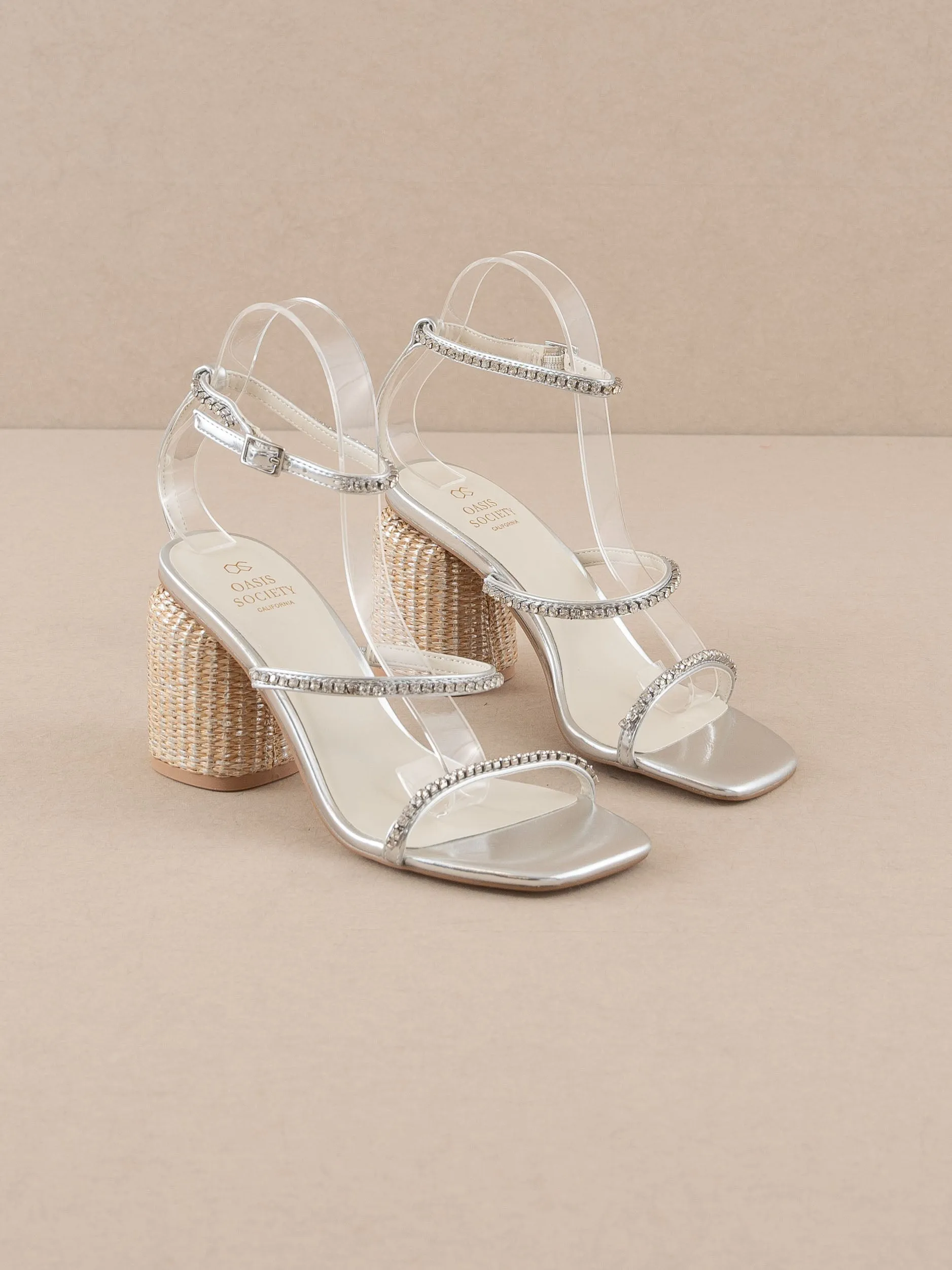 The Destiny | Metallic Silver Raffia Heeled Rhinestone Summer Heel