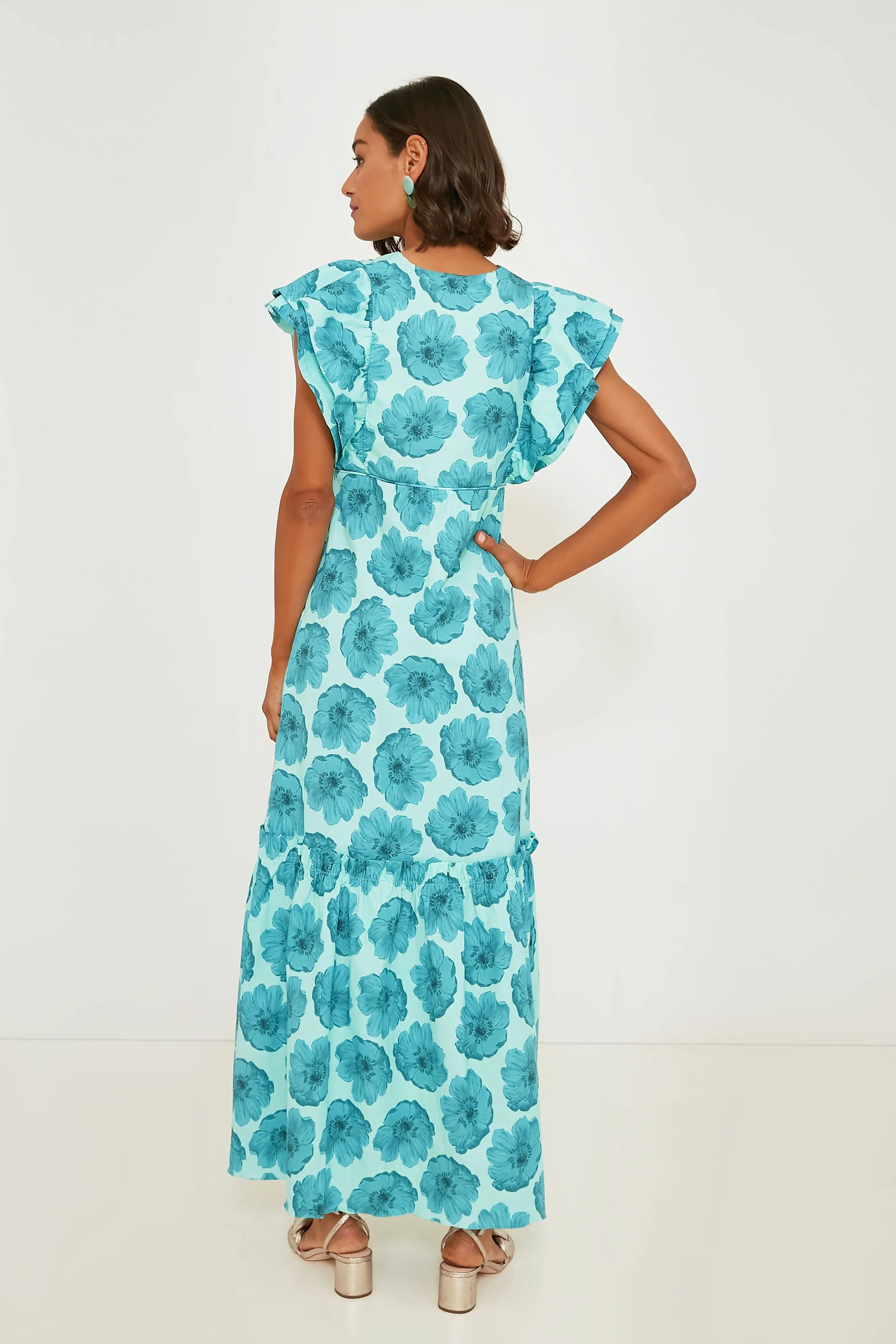 Turquoise Floral Classic Ruffled Long Dress