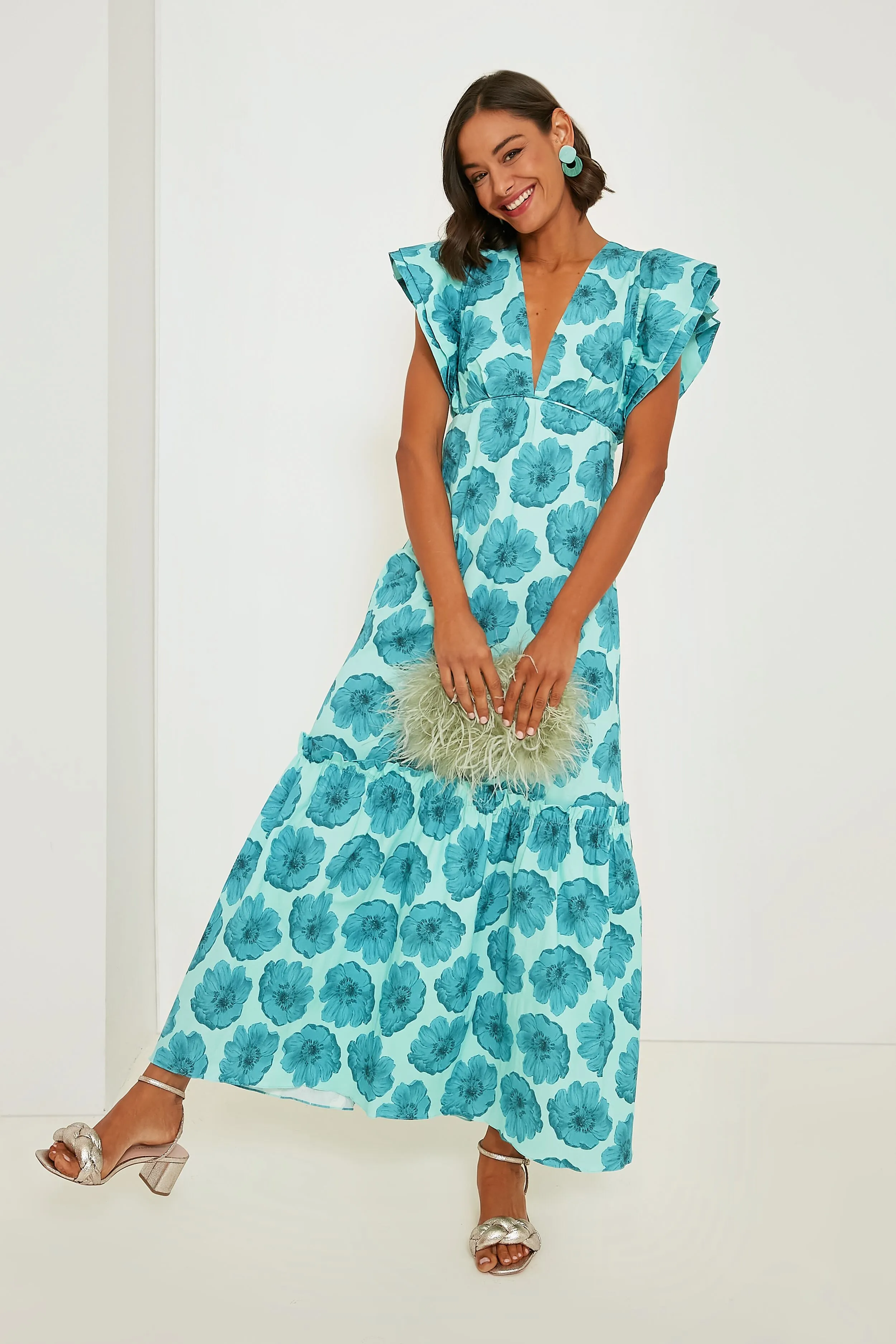 Turquoise Floral Classic Ruffled Long Dress