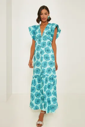 Turquoise Floral Classic Ruffled Long Dress