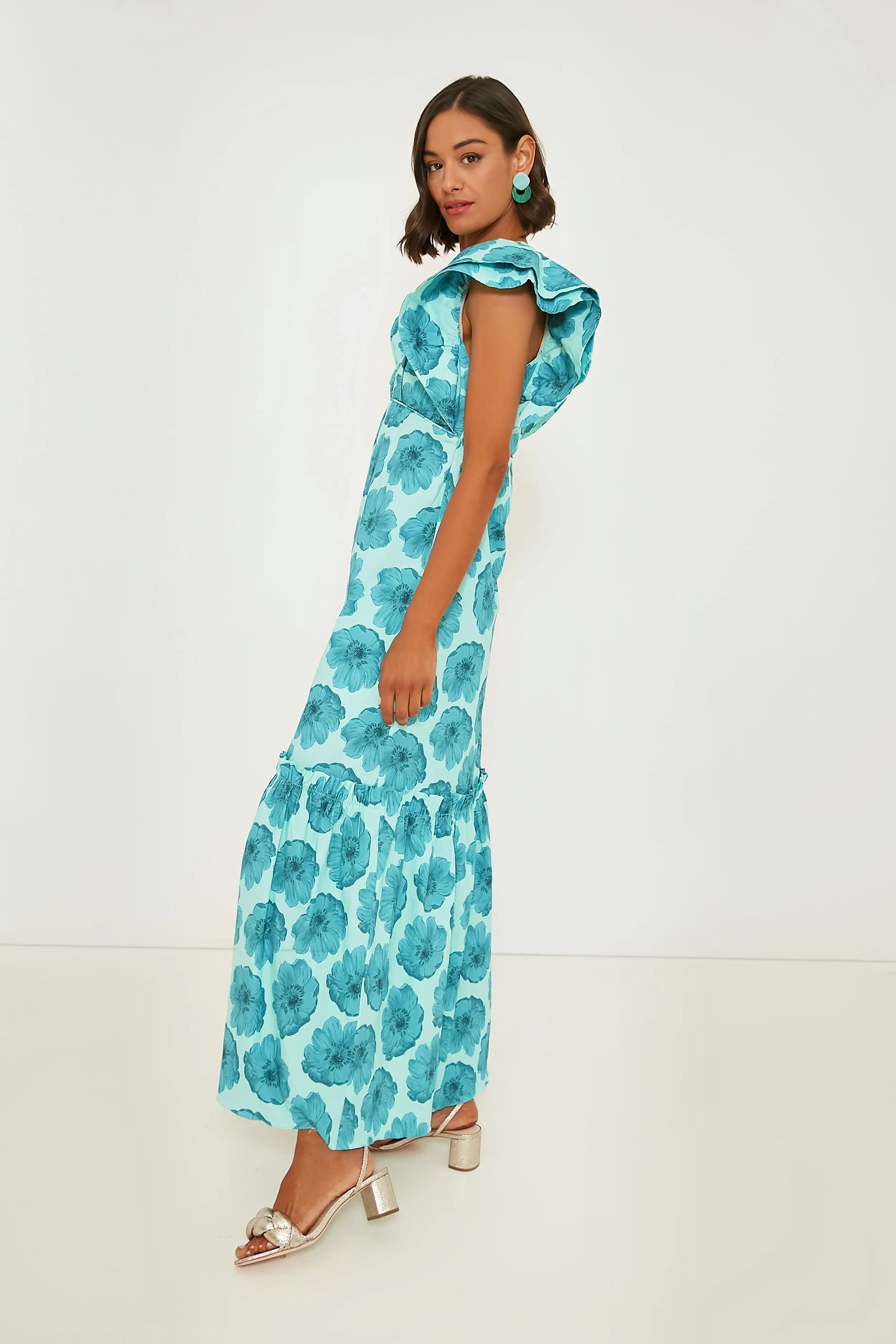 Turquoise Floral Classic Ruffled Long Dress