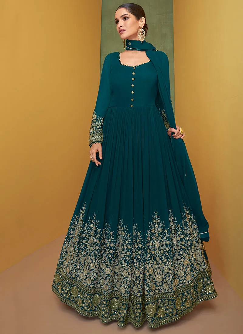 Turquoise Sequence Embroidery Wedding Anarkali Suit