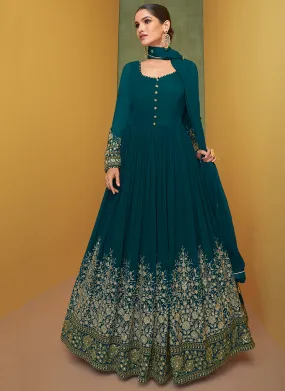 Turquoise Sequence Embroidery Wedding Anarkali Suit