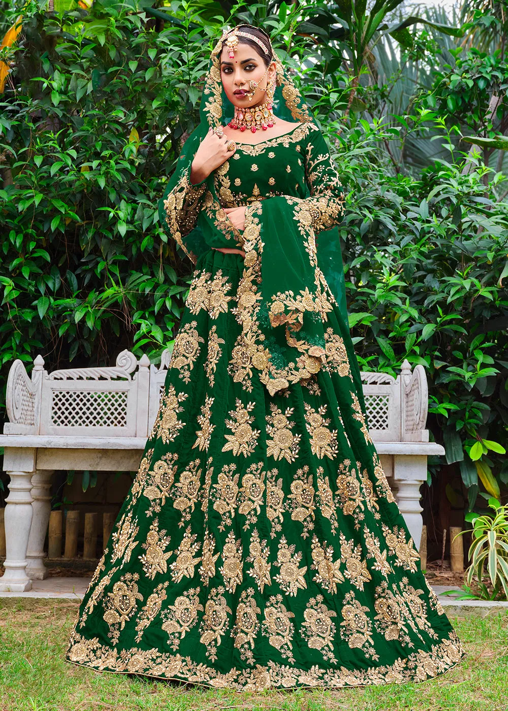 Velvet Excellent Green Stone Cording Bridal Style Lehenga Choli