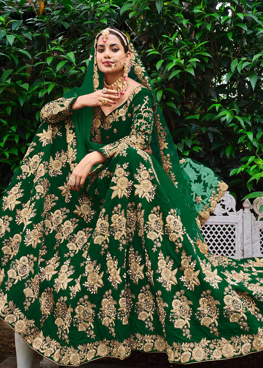 Velvet Excellent Green Stone Cording Bridal Style Lehenga Choli