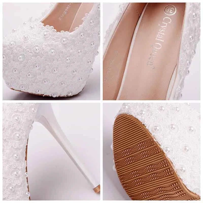 Wedding Platform Wedges Pumps White Lace Bridal Heels