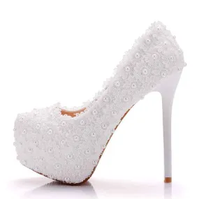 Wedding Platform Wedges Pumps White Lace Bridal Heels