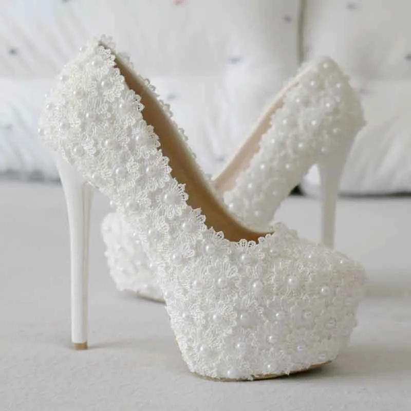 Wedding Platform Wedges Pumps White Lace Bridal Heels