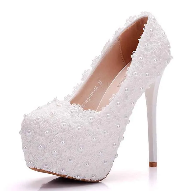 Wedding Platform Wedges Pumps White Lace Bridal Heels