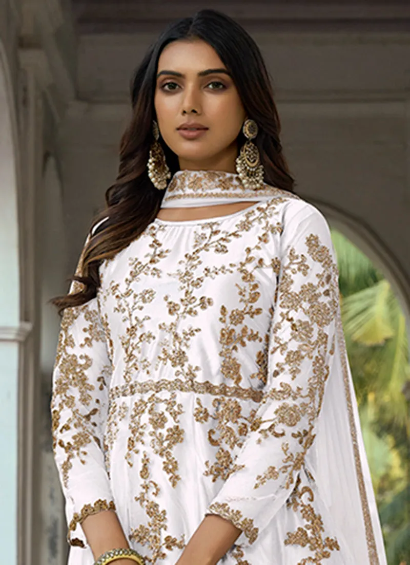 White Golden Embroidery Traditional Anarkali Suit