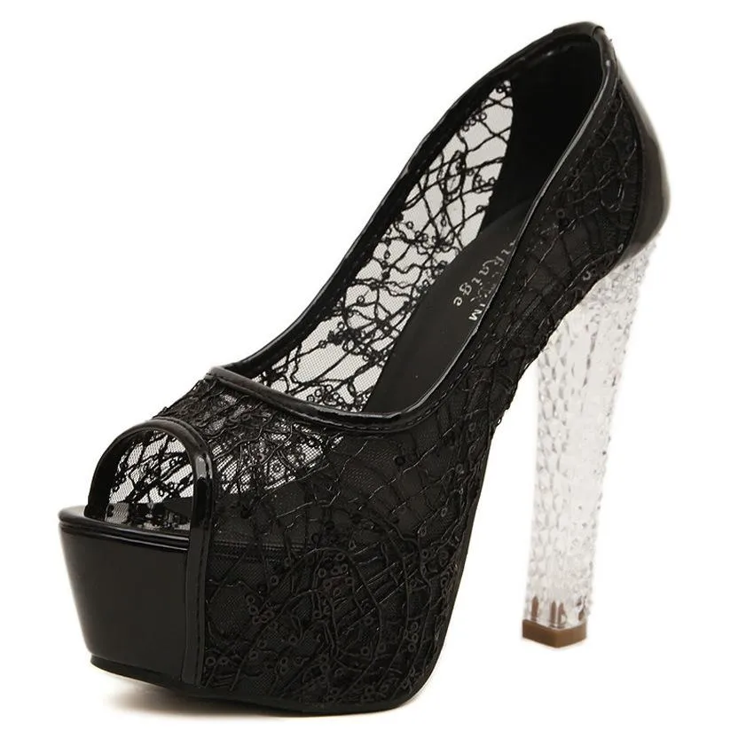 Women lace flower peep toe sexy platform heels