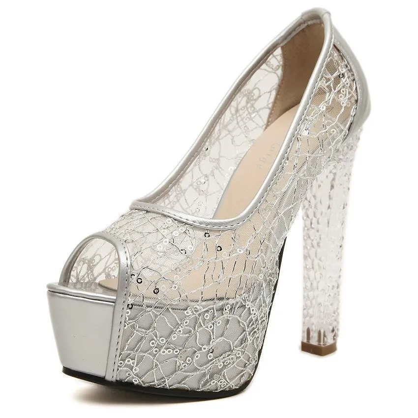 Women lace flower peep toe sexy platform heels