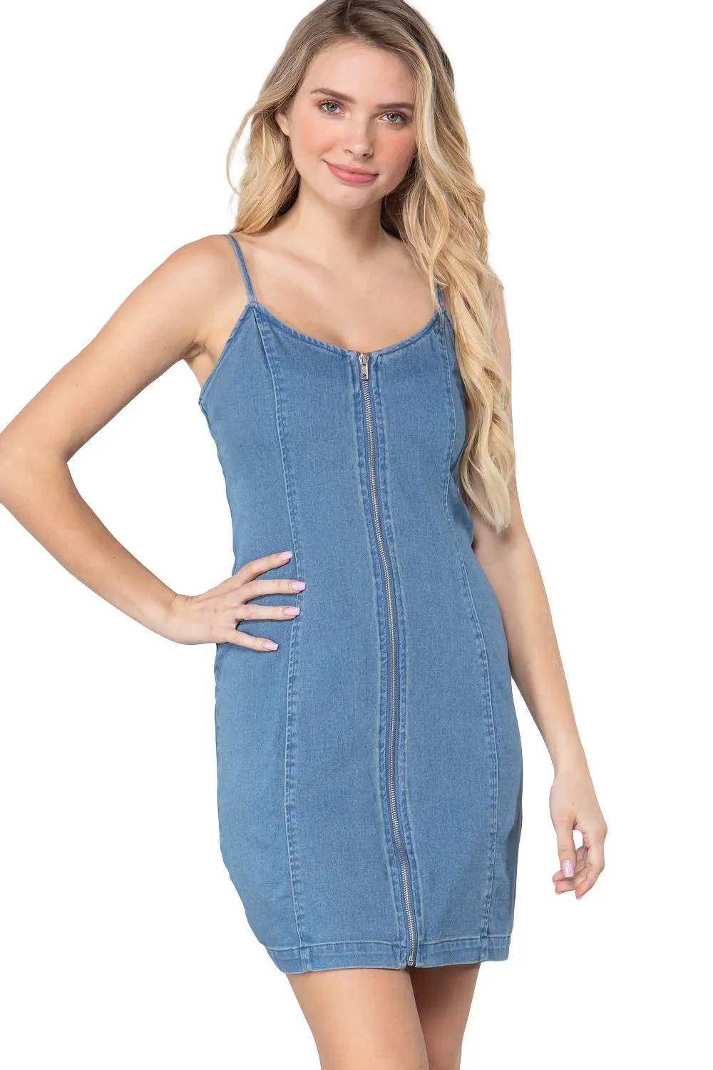 Women's V-Neck Zippered Denim Mini Dress