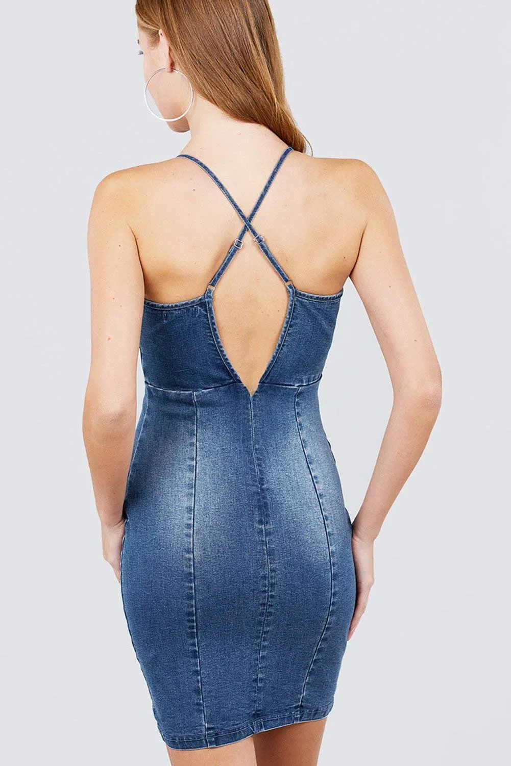 Women's V-Neck Zippered Denim Mini Dress