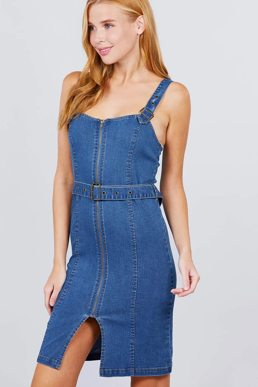 Women's V-Neck Zippered Denim Mini Dress