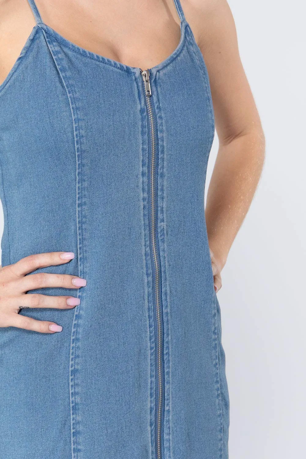 Women's V-Neck Zippered Denim Mini Dress