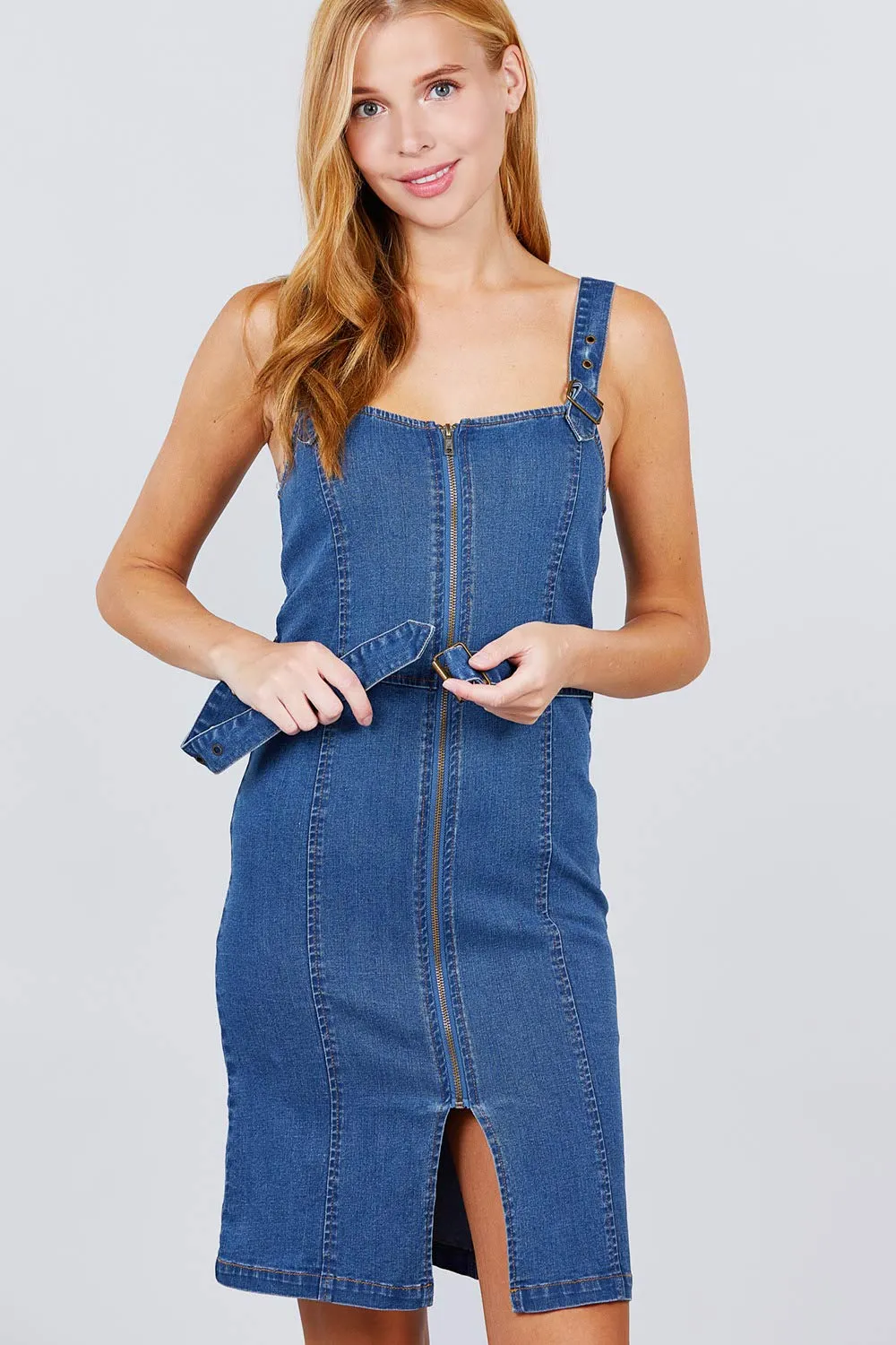 Women's V-Neck Zippered Denim Mini Dress