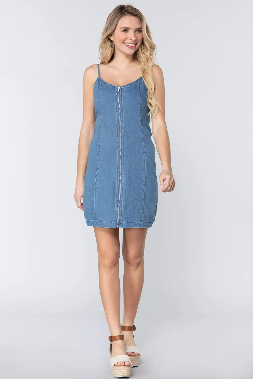 Women's V-Neck Zippered Denim Mini Dress