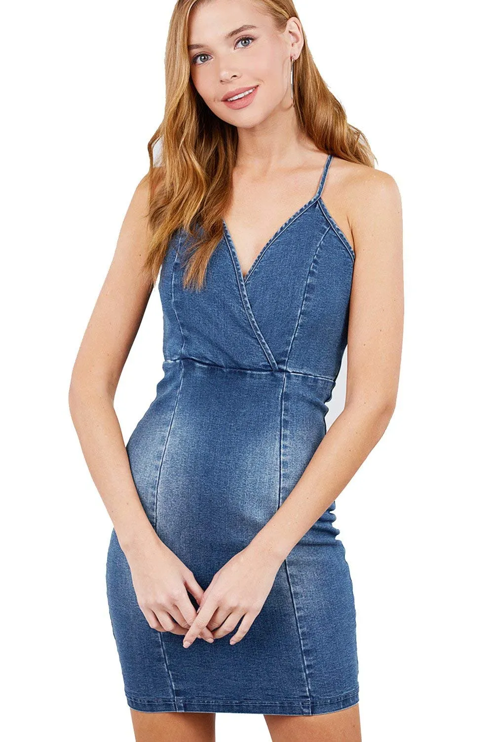 Women's V-Neck Zippered Denim Mini Dress