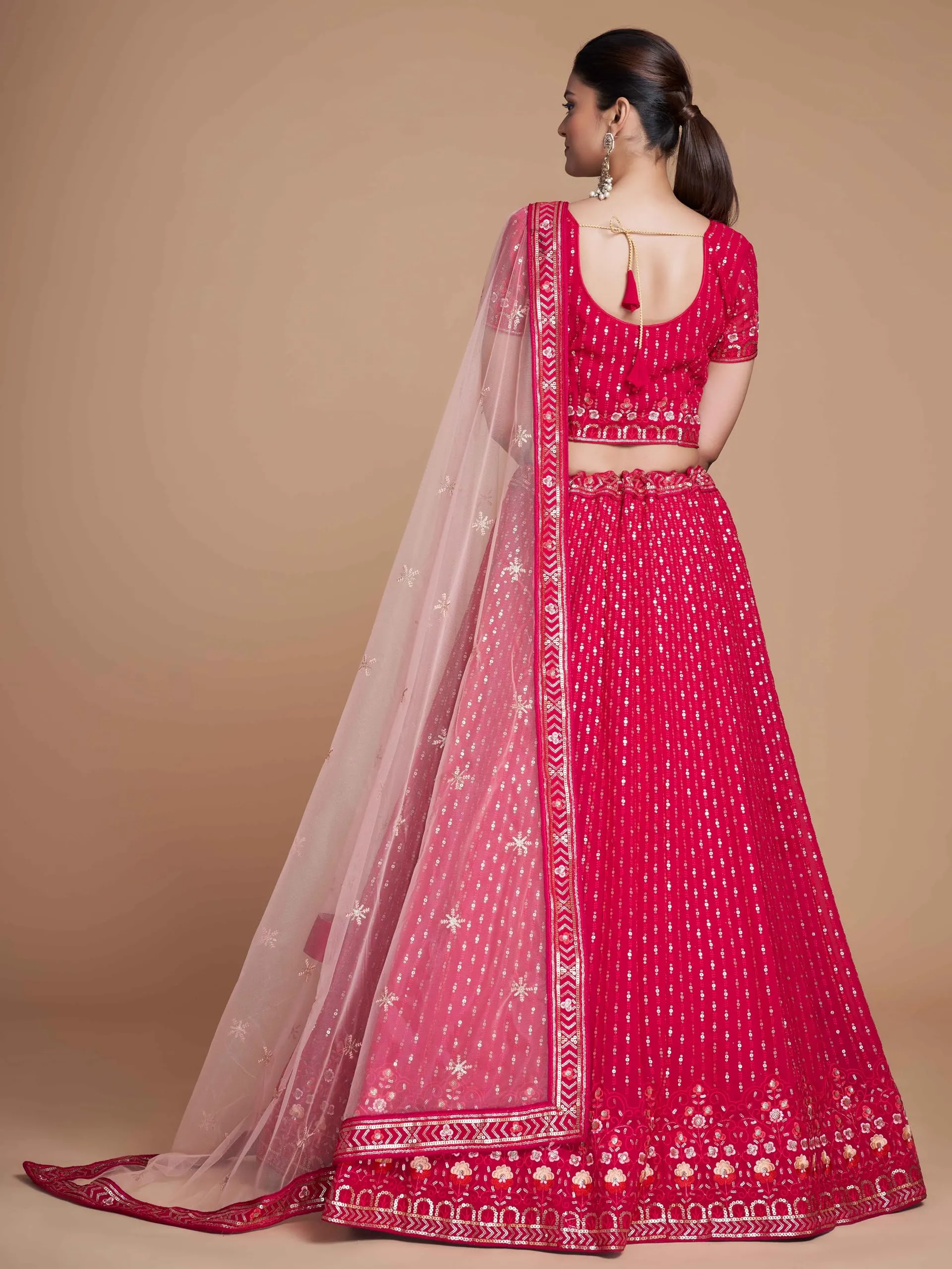 Zeel Clothing Women Sequins Thread Embroidered Georgette Semi-Stitched Lehenga Choli With Dupatta (6021-Pink-Wedding-Stylish-Latest; Free Size)