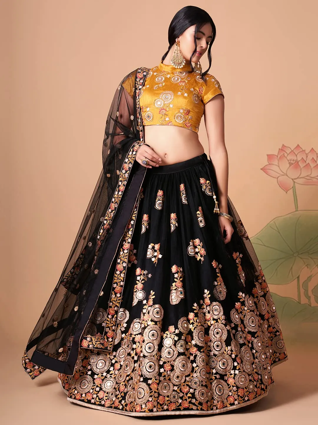 Zeel Clothing Women's Net Embroidered Semi-Stitched Bridal New Lehenga Choli with Dupatta (7317-Black-Wedding-Bridal-Latest-Lehenga; Free Size) (Black)