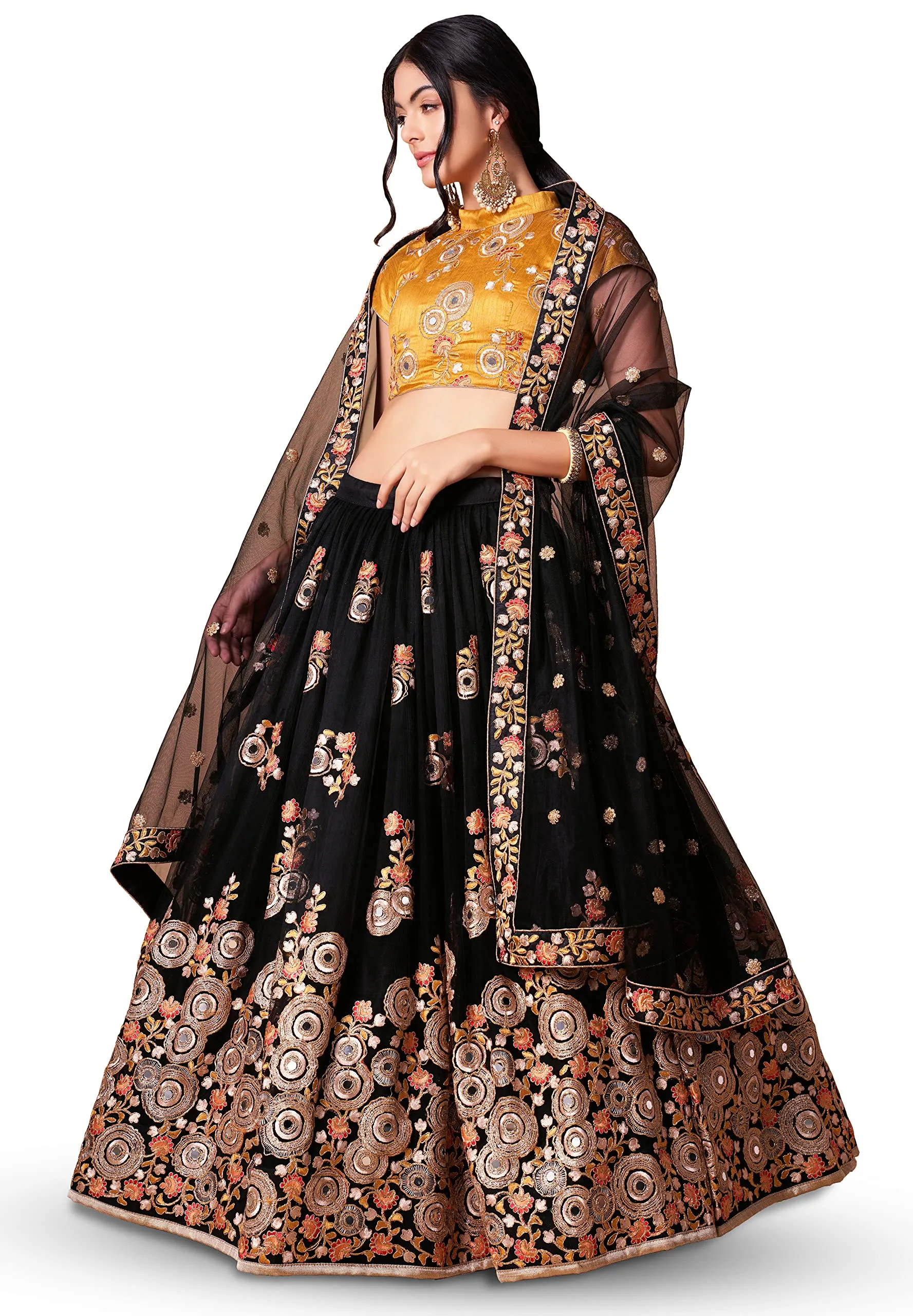 Zeel Clothing Women's Net Embroidered Semi-Stitched Bridal New Lehenga Choli with Dupatta (7317-Black-Wedding-Bridal-Latest-Lehenga; Free Size) (Black)