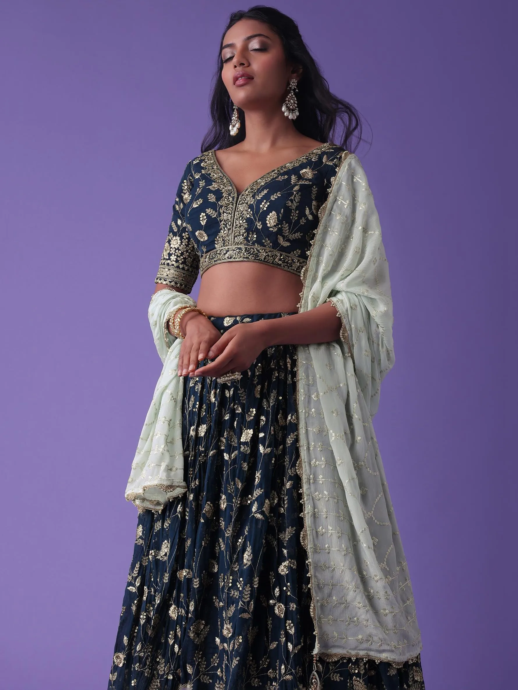 Zeel Clothing Women's Sequins Zari Dori Embroidered Georgette Semi-Stitched Lehenga and Choli Set (5099-Blue-Womens-Lehenga-Choli-Latest, Free Size)