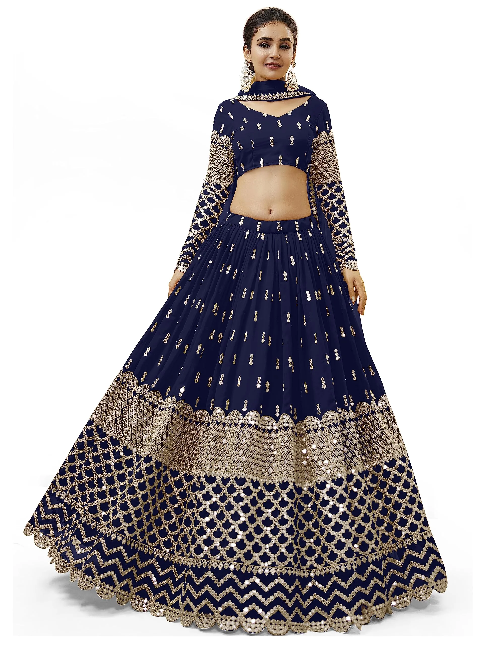 Zeel Clothing Women's Sequins Zari Embroidered Georgette Semi-stitched Lehenga Choli with Dupatta (307-NavyBlue-Wedding-Bridal-Latest-New; Free Size) (Blue)