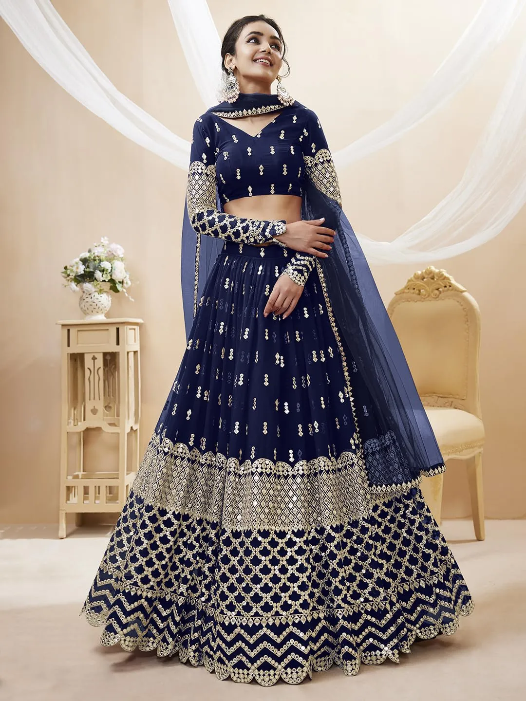 Zeel Clothing Women's Sequins Zari Embroidered Georgette Semi-stitched Lehenga Choli with Dupatta (307-NavyBlue-Wedding-Bridal-Latest-New; Free Size) (Blue)