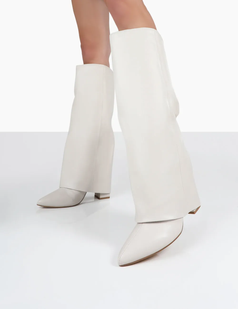 Zendaya Ecru Pointed Toe Knee High Block Boots