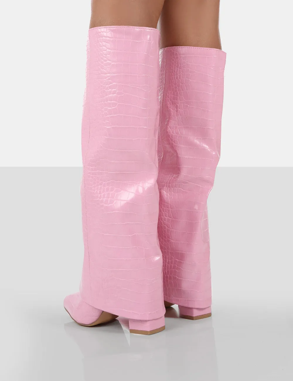 Zendaya Pink Croc Pointed Toe Knee High Block Boots