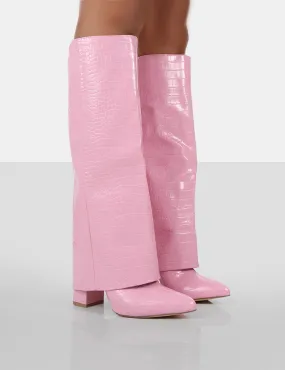 Zendaya Pink Croc Pointed Toe Knee High Block Boots